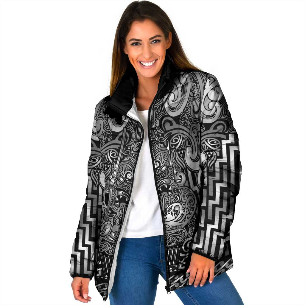 Custom New Zealand Taiaha Maori Padded Jacket Kiwikiwi Minimalist Silver Fern Tukutuku Motif LT9 Women White - Polynesian Pride