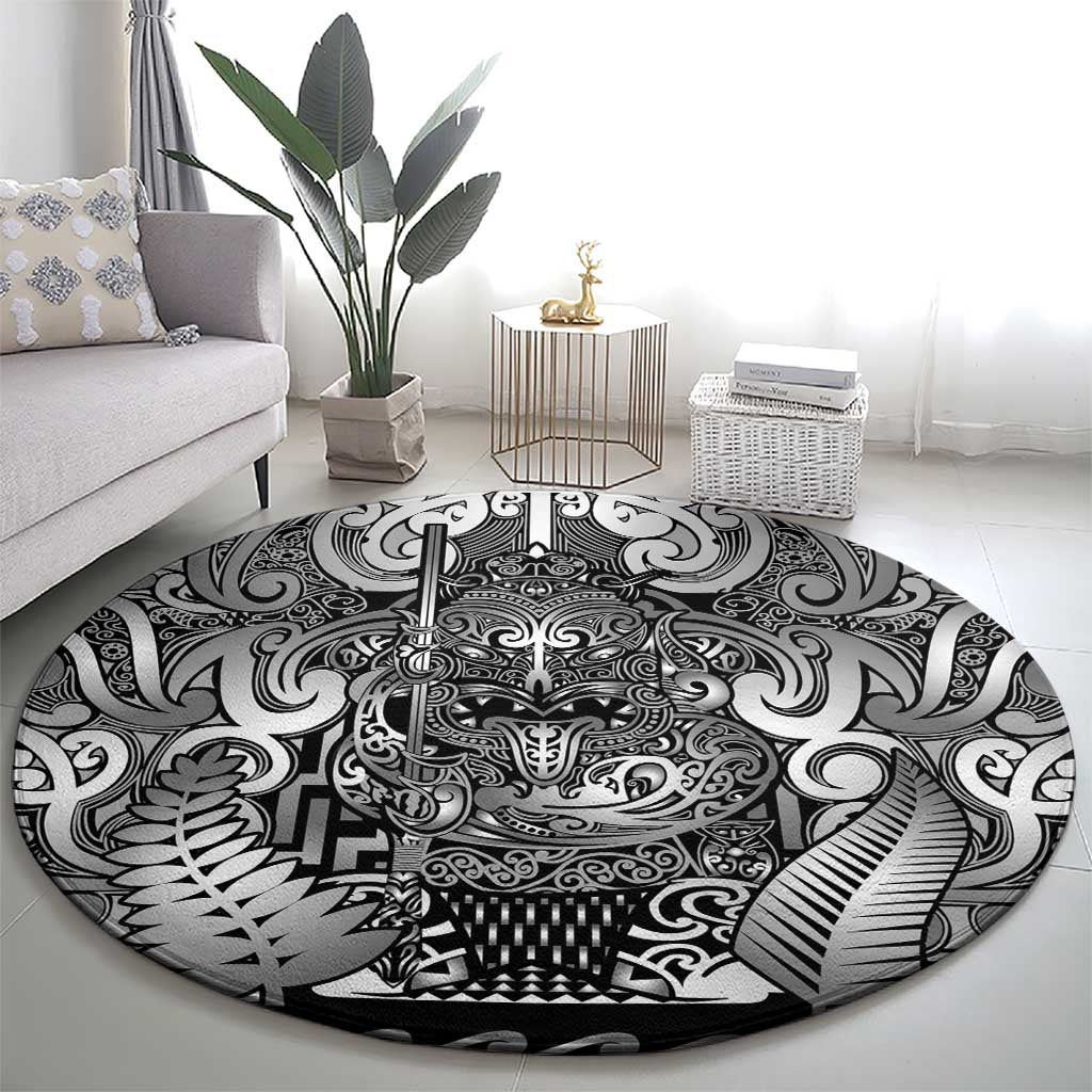 New Zealand Taiaha Maori Round Carpet Kiwikiwi Minimalist Silver Fern Tukutuku Motif LT9 - Polynesian Pride
