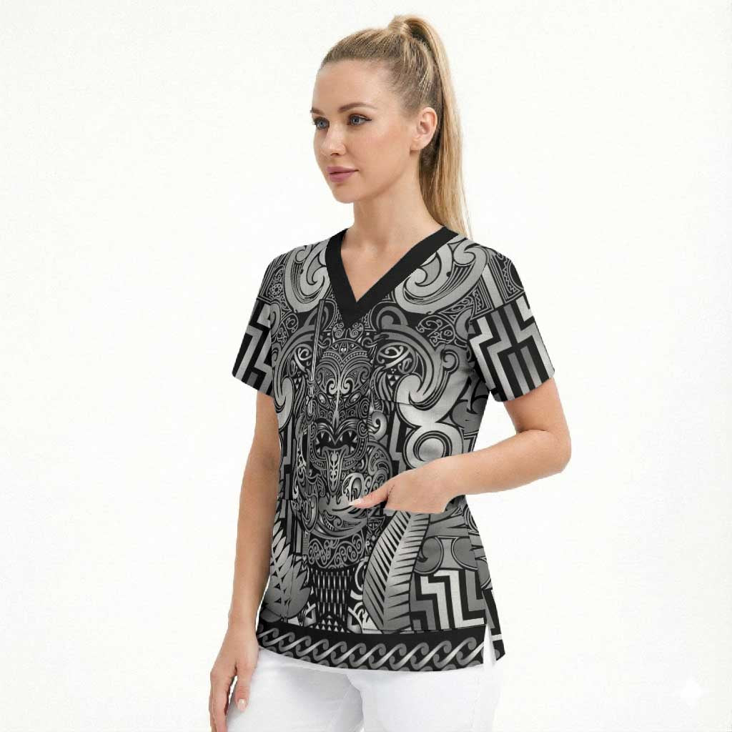 Custom New Zealand Taiaha Maori Scrub Top Kiwikiwi Minimalist Silver Fern Tukutuku Motif LT9 - Polynesian Pride