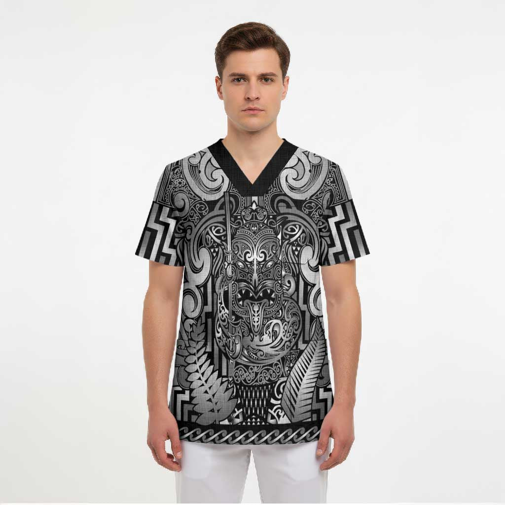 Custom New Zealand Taiaha Maori Scrub Top Kiwikiwi Minimalist Silver Fern Tukutuku Motif LT9 - Polynesian Pride