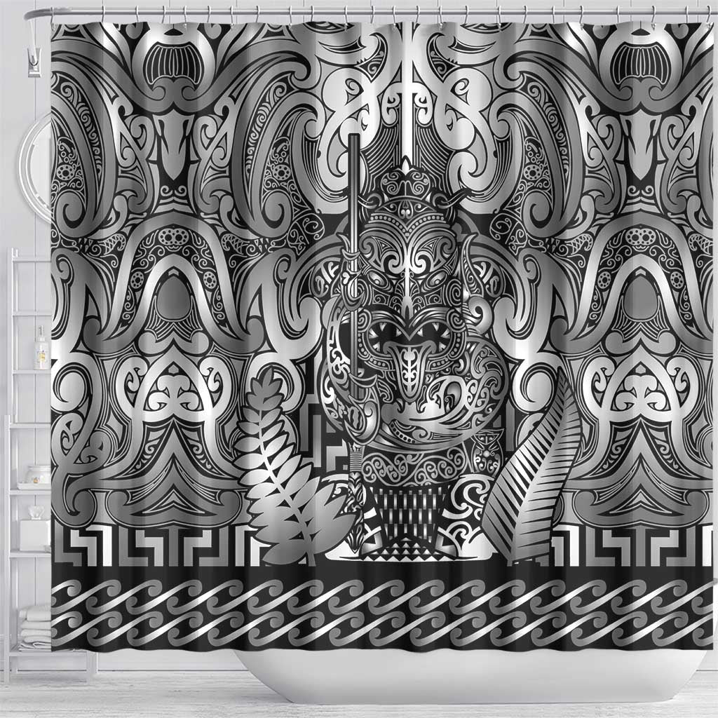 New Zealand Taiaha Maori Shower Curtain Kiwikiwi Minimalist Silver Fern Tukutuku Motif LT9 - Polynesian Pride