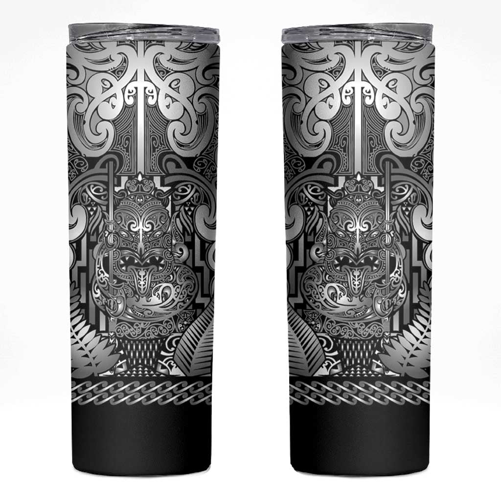 Custom New Zealand Taiaha Maori Skinny Tumbler Kiwikiwi Minimalist Silver Fern Tukutuku Motif LT9 White - Polynesian Pride