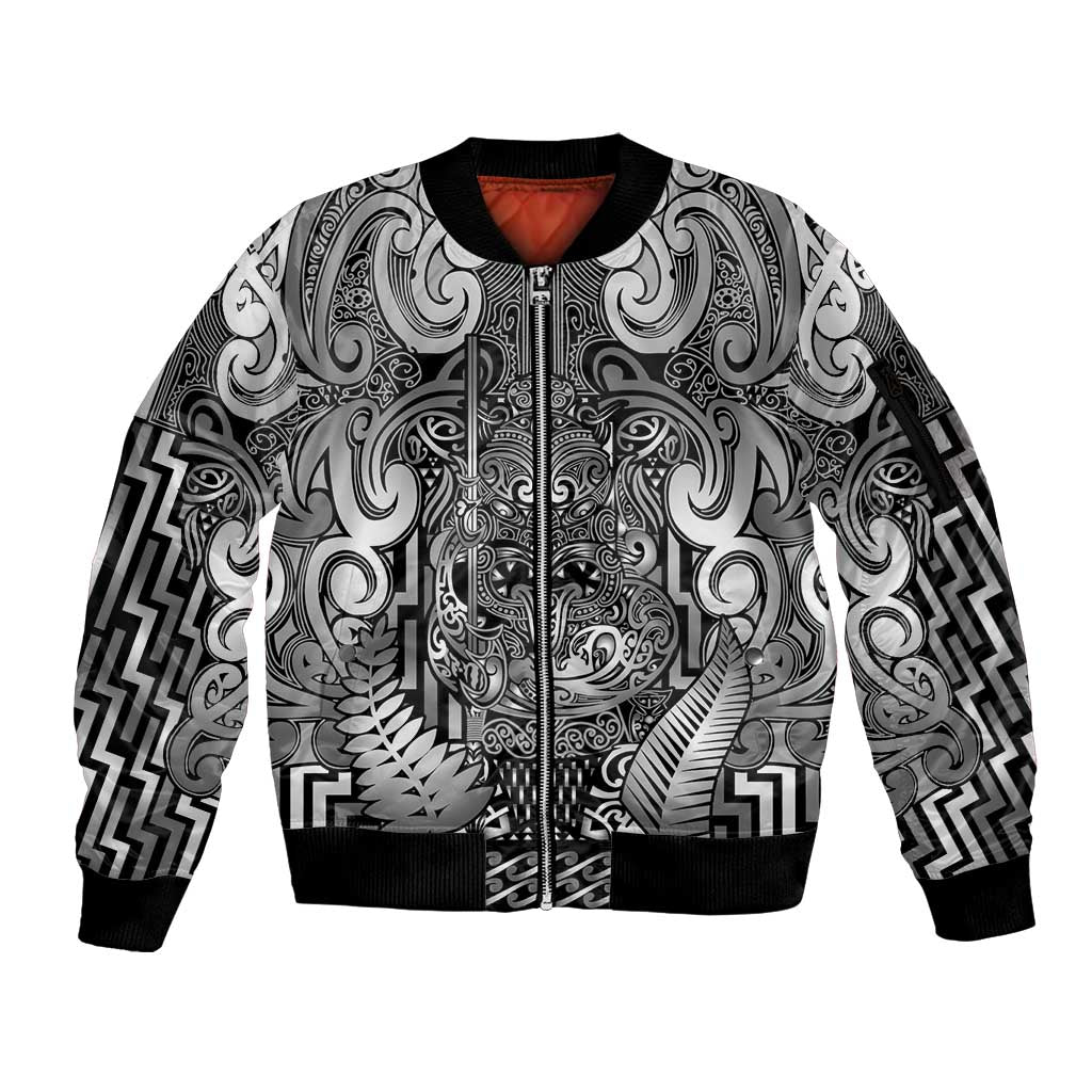 Custom New Zealand Taiaha Maori Sleeve Zip Bomber Jacket Kiwikiwi Minimalist Silver Fern Tukutuku Motif LT9 Unisex White - Polynesian Pride