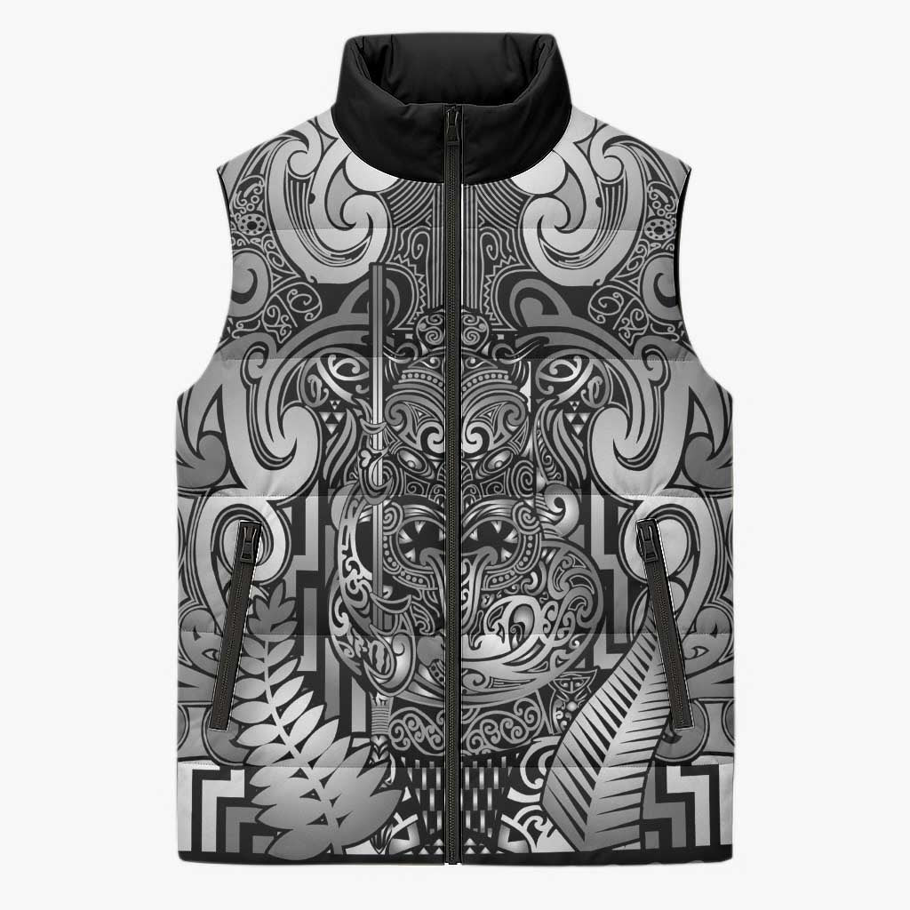 Custom New Zealand Taiaha Maori Sleeveless Puffer Jacket Kiwikiwi Minimalist Silver Fern Tukutuku Motif LT9 Unisex White - Polynesian Pride