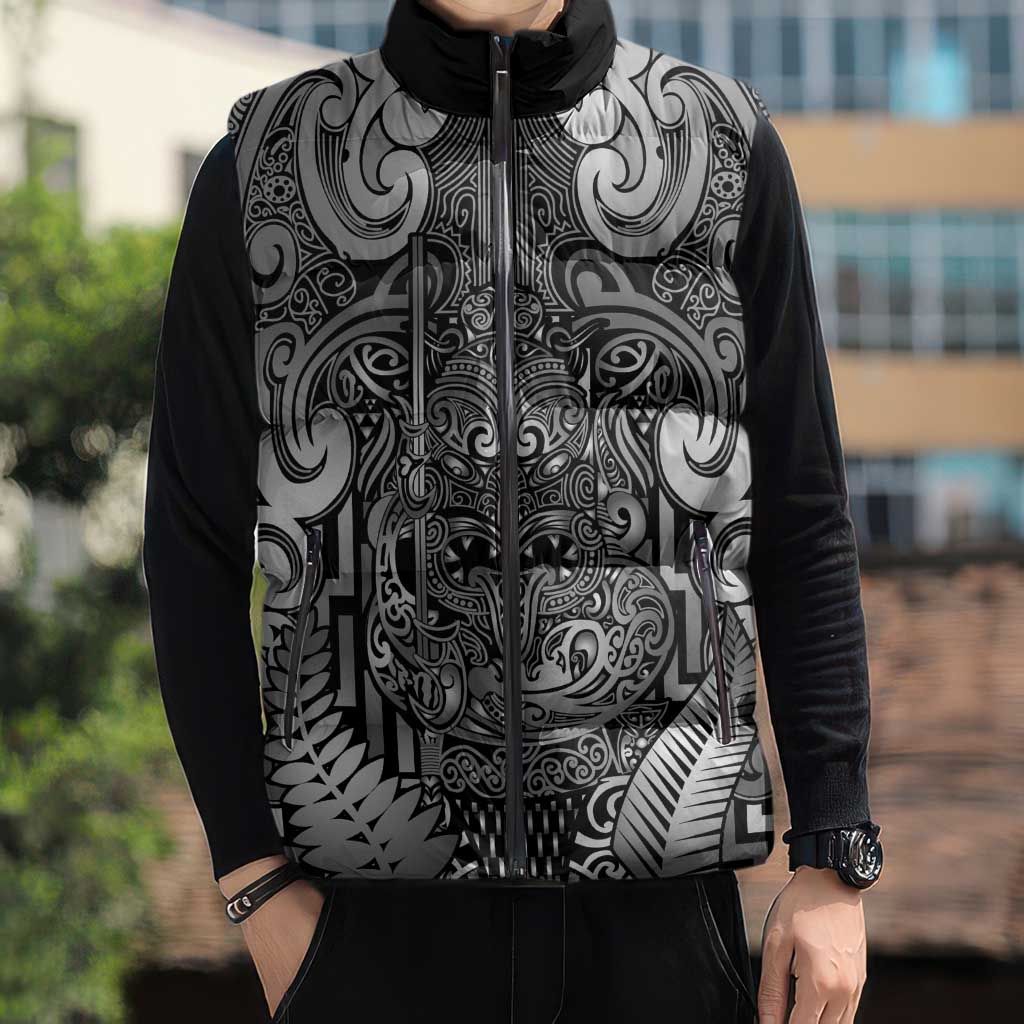 Custom New Zealand Taiaha Maori Sleeveless Puffer Jacket Kiwikiwi Minimalist Silver Fern Tukutuku Motif LT9 - Polynesian Pride