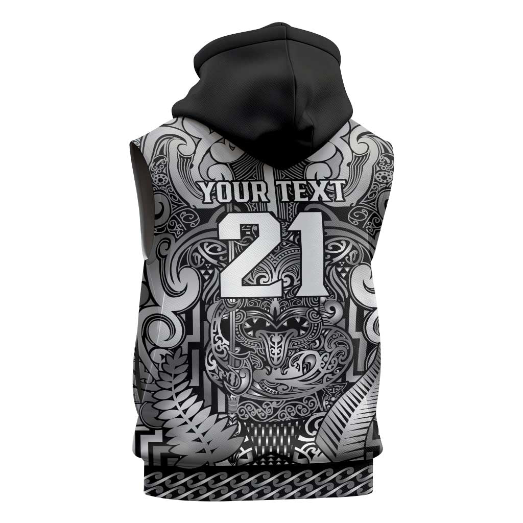 Custom New Zealand Taiaha Maori Sleeveless Zip Hoodie Kiwikiwi Minimalist Silver Fern Tukutuku Motif LT9 - Polynesian Pride