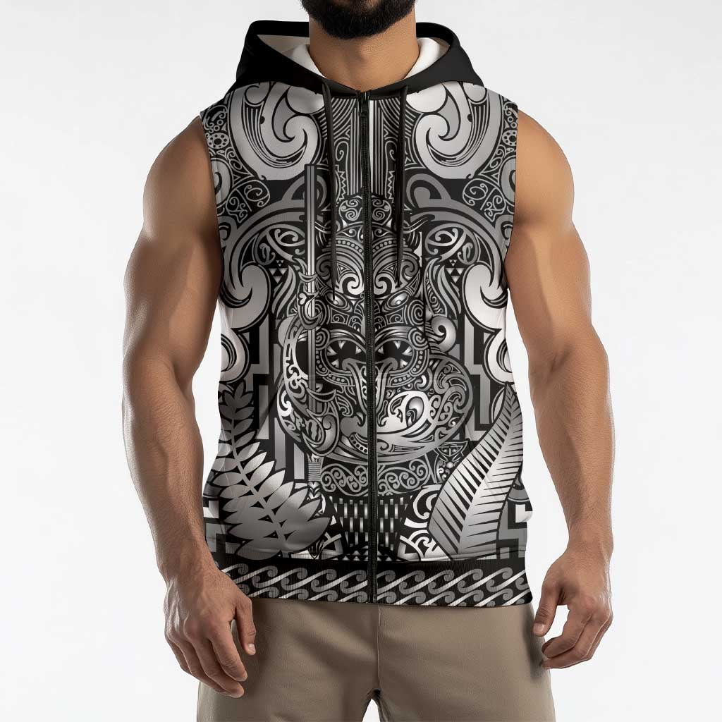 Custom New Zealand Taiaha Maori Sleeveless Zip Hoodie Kiwikiwi Minimalist Silver Fern Tukutuku Motif LT9 - Polynesian Pride