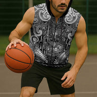 Custom New Zealand Taiaha Maori Sleeveless Zip Hoodie Kiwikiwi Minimalist Silver Fern Tukutuku Motif LT9 - Polynesian Pride