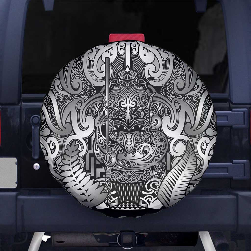 New Zealand Taiaha Maori Spare Tire Cover Kiwikiwi Minimalist Silver Fern Tukutuku Motif LT9 No hole White - Polynesian Pride