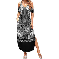 Custom New Zealand Taiaha Maori Summer Maxi Dress Kiwikiwi Minimalist Silver Fern Tukutuku Motif LT9 Women White - Polynesian Pride