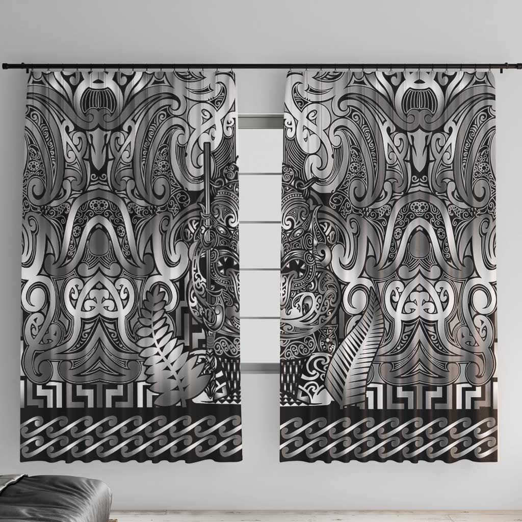 New Zealand Taiaha Maori Window Curtain Kiwikiwi Minimalist Silver Fern Tukutuku Motif LT9 With Hooks White - Polynesian Pride