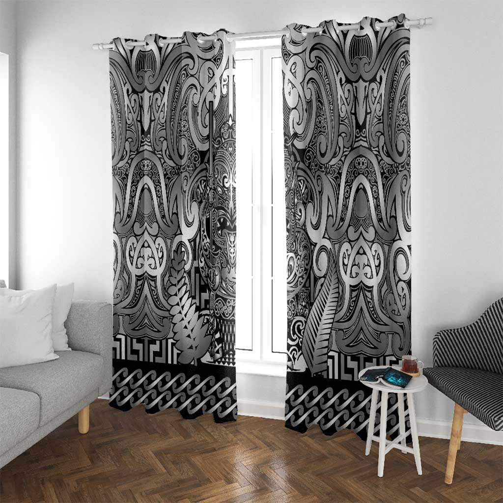 New Zealand Taiaha Maori Window Curtain Kiwikiwi Minimalist Silver Fern Tukutuku Motif LT9 With Grommets White - Polynesian Pride