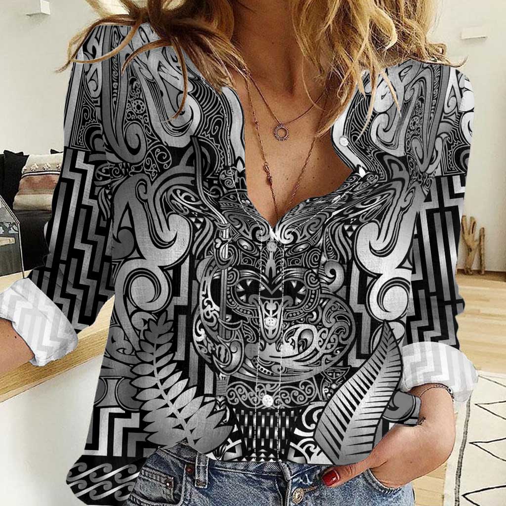 Custom New Zealand Taiaha Maori Women Casual Shirt Kiwikiwi Minimalist Silver Fern Tukutuku Motif LT9 Female White - Polynesian Pride