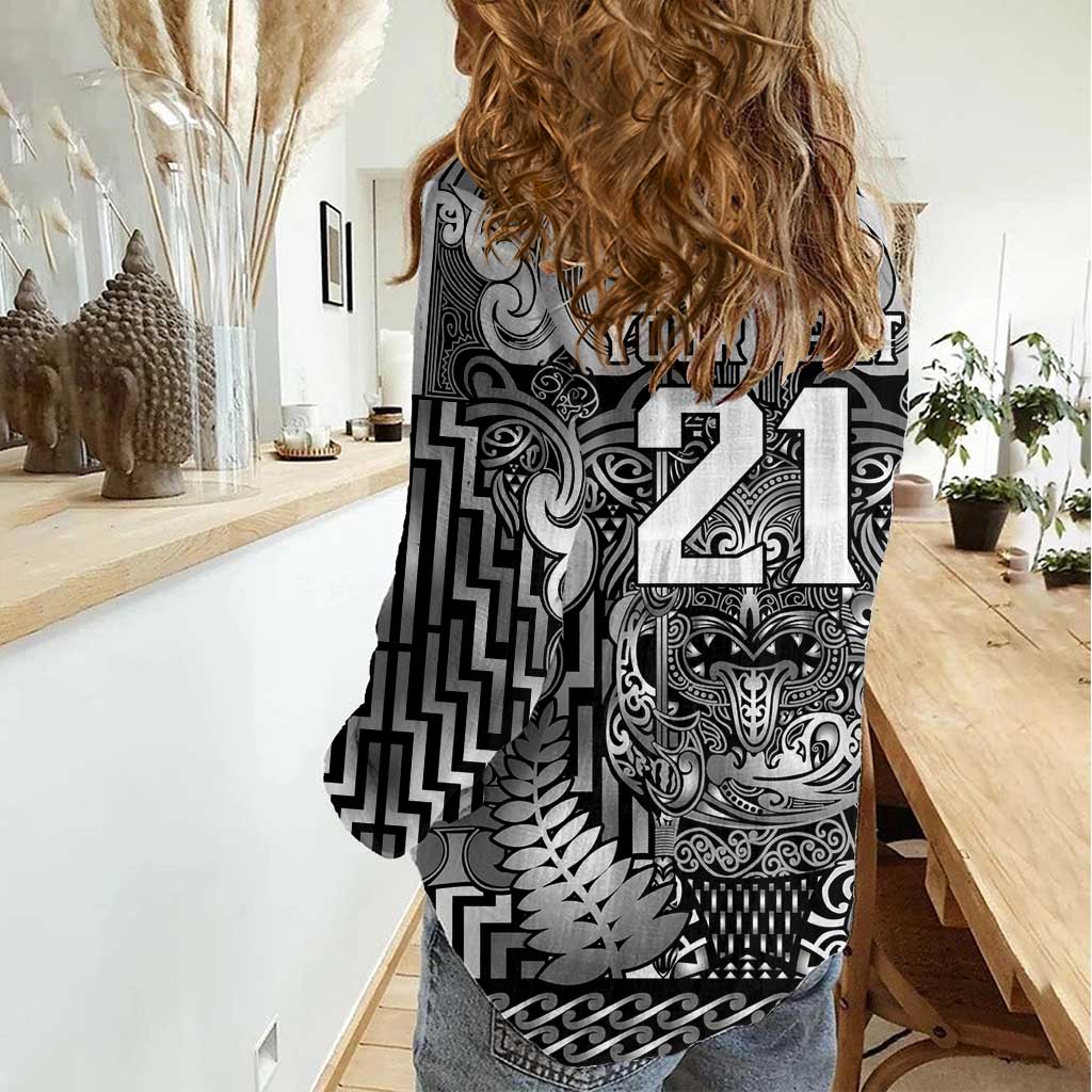 Custom New Zealand Taiaha Maori Women Casual Shirt Kiwikiwi Minimalist Silver Fern Tukutuku Motif LT9 - Polynesian Pride