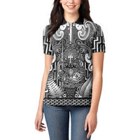 Custom New Zealand Taiaha Maori Women Polo Shirt Kiwikiwi Minimalist Silver Fern Tukutuku Motif LT9 - Polynesian Pride
