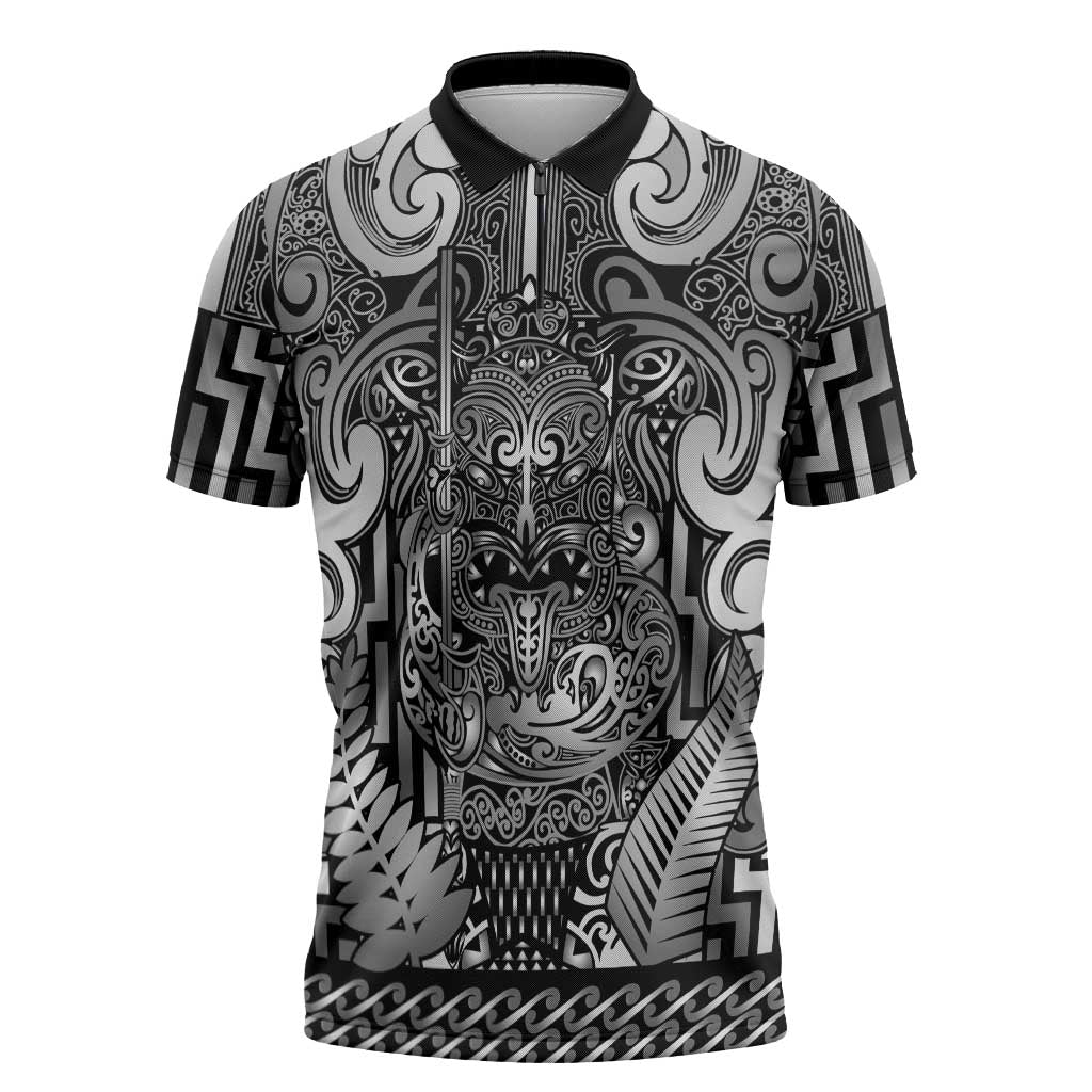 Custom New Zealand Taiaha Maori Zipper Polo Shirt Kiwikiwi Minimalist Silver Fern Tukutuku Motif LT9 White - Polynesian Pride