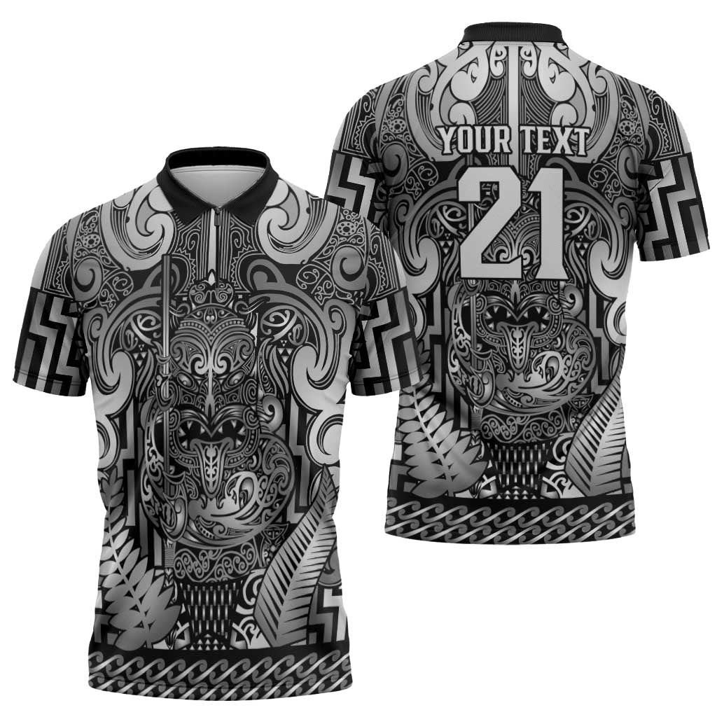 Custom New Zealand Taiaha Maori Zipper Polo Shirt Kiwikiwi Minimalist Silver Fern Tukutuku Motif LT9 - Polynesian Pride