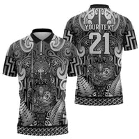 Custom New Zealand Taiaha Maori Zipper Polo Shirt Kiwikiwi Minimalist Silver Fern Tukutuku Motif LT9 - Polynesian Pride