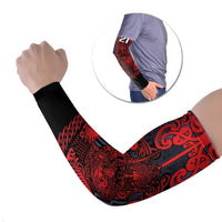 Custom New Zealand Taiaha Maori Arm Sleeves Whero Minimalist Silver Fern Tukutuku Motif LT9 Set of 2 Red - Polynesian Pride