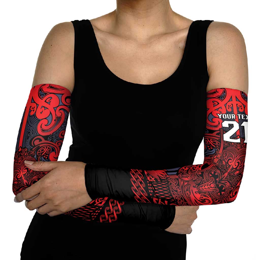 Custom New Zealand Taiaha Maori Arm Sleeves Whero Minimalist Silver Fern Tukutuku Motif LT9 - Polynesian Pride