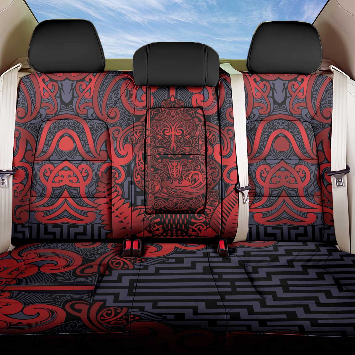 New Zealand Taiaha Maori Back Car Seat Cover Whero Minimalist Silver Fern Tukutuku Motif LT9 One Size Red - Polynesian Pride