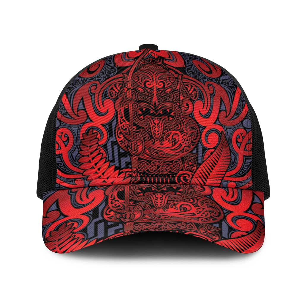 New Zealand Taiaha Maori Baseball Net Cap Whero Minimalist Silver Fern Tukutuku Motif LT9 One Size Black Red - Polynesian Pride