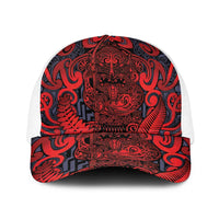 New Zealand Taiaha Maori Baseball Net Cap Whero Minimalist Silver Fern Tukutuku Motif LT9 One Size White Red - Polynesian Pride