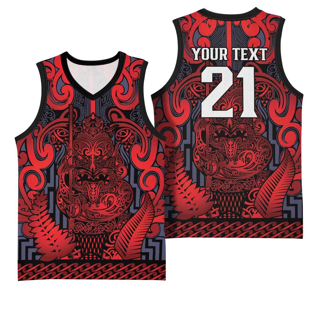 Custom New Zealand Taiaha Maori Basketball Jersey Whero Minimalist Silver Fern Tukutuku Motif LT9 - Polynesian Pride