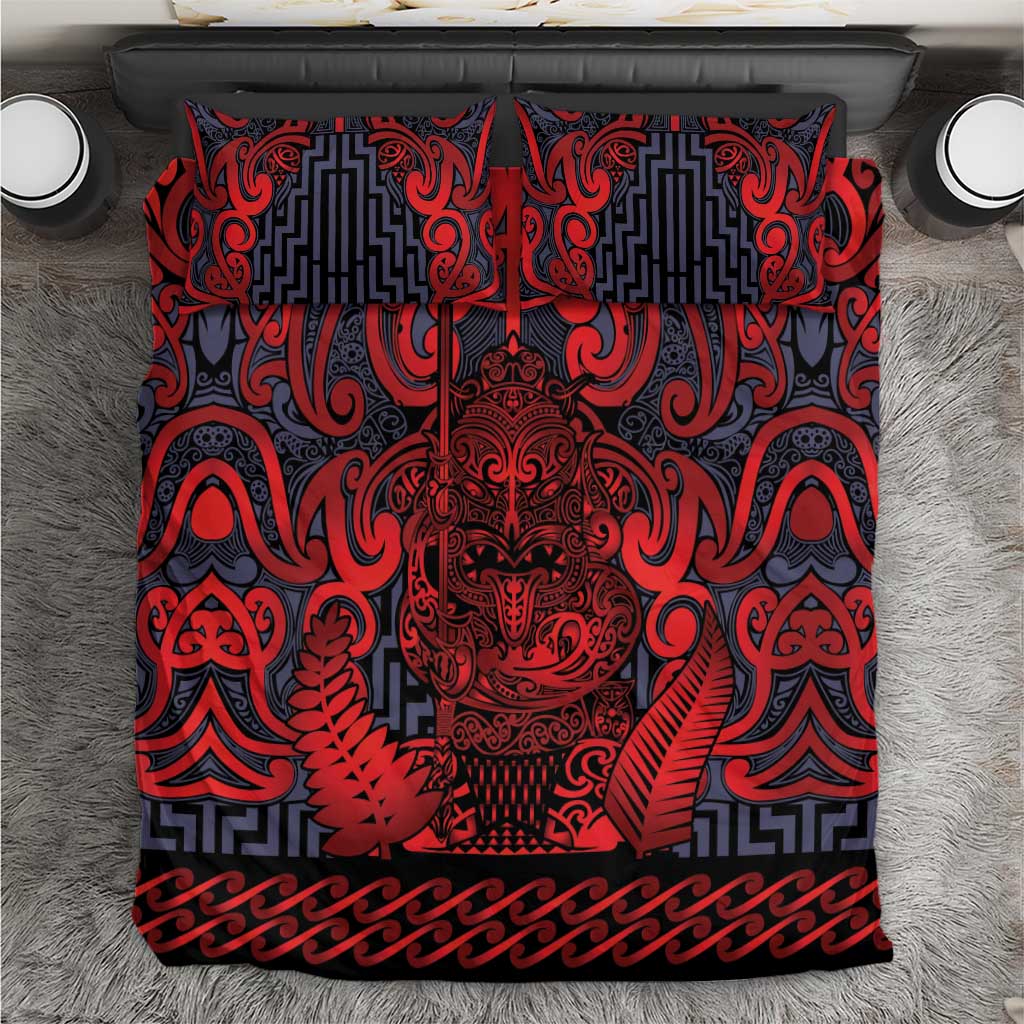 New Zealand Taiaha Maori Bedding Set Whero Minimalist Silver Fern Tukutuku Motif LT9 Red - Polynesian Pride