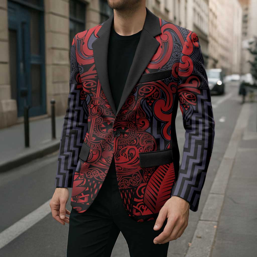 Custom New Zealand Taiaha Maori Blazer Whero Minimalist Silver Fern Tukutuku Motif LT9 - Polynesian Pride