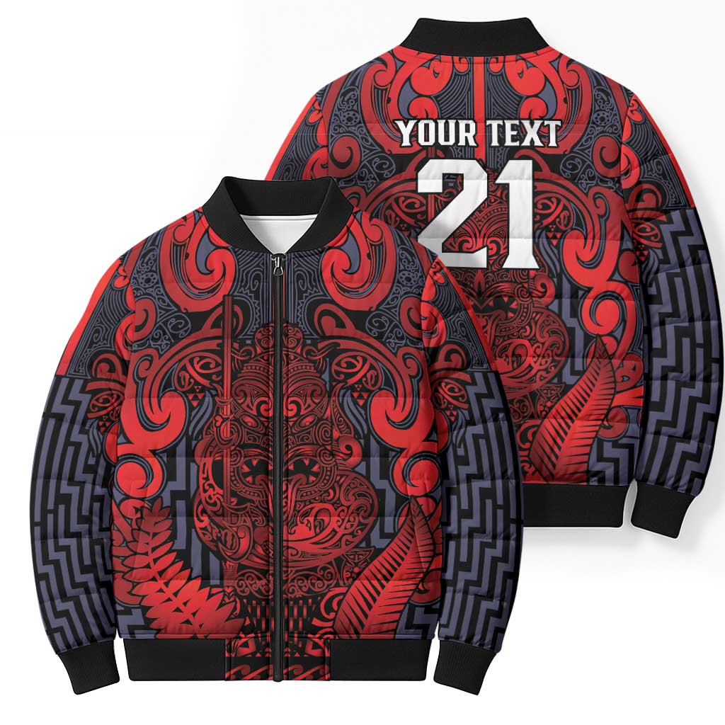 Custom New Zealand Taiaha Maori Bomber Puffer Jacket Whero Minimalist Silver Fern Tukutuku Motif LT9 - Polynesian Pride