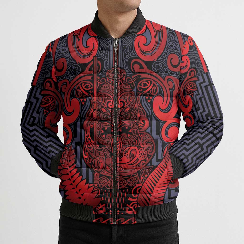 Custom New Zealand Taiaha Maori Bomber Puffer Jacket Whero Minimalist Silver Fern Tukutuku Motif LT9 - Polynesian Pride