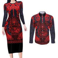 Custom New Zealand Taiaha Maori Couples Matching Long Sleeve Bodycon Dress and Long Sleeve Button Shirt Whero Minimalist Silver Fern Tukutuku Motif LT9 Red - Polynesian Pride