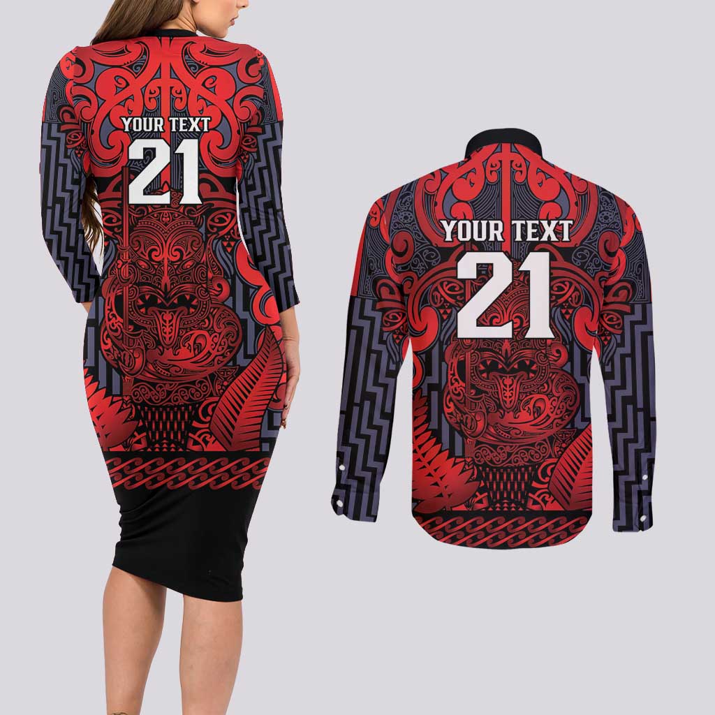 Custom New Zealand Taiaha Maori Couples Matching Long Sleeve Bodycon Dress and Long Sleeve Button Shirt Whero Minimalist Silver Fern Tukutuku Motif LT9 - Polynesian Pride