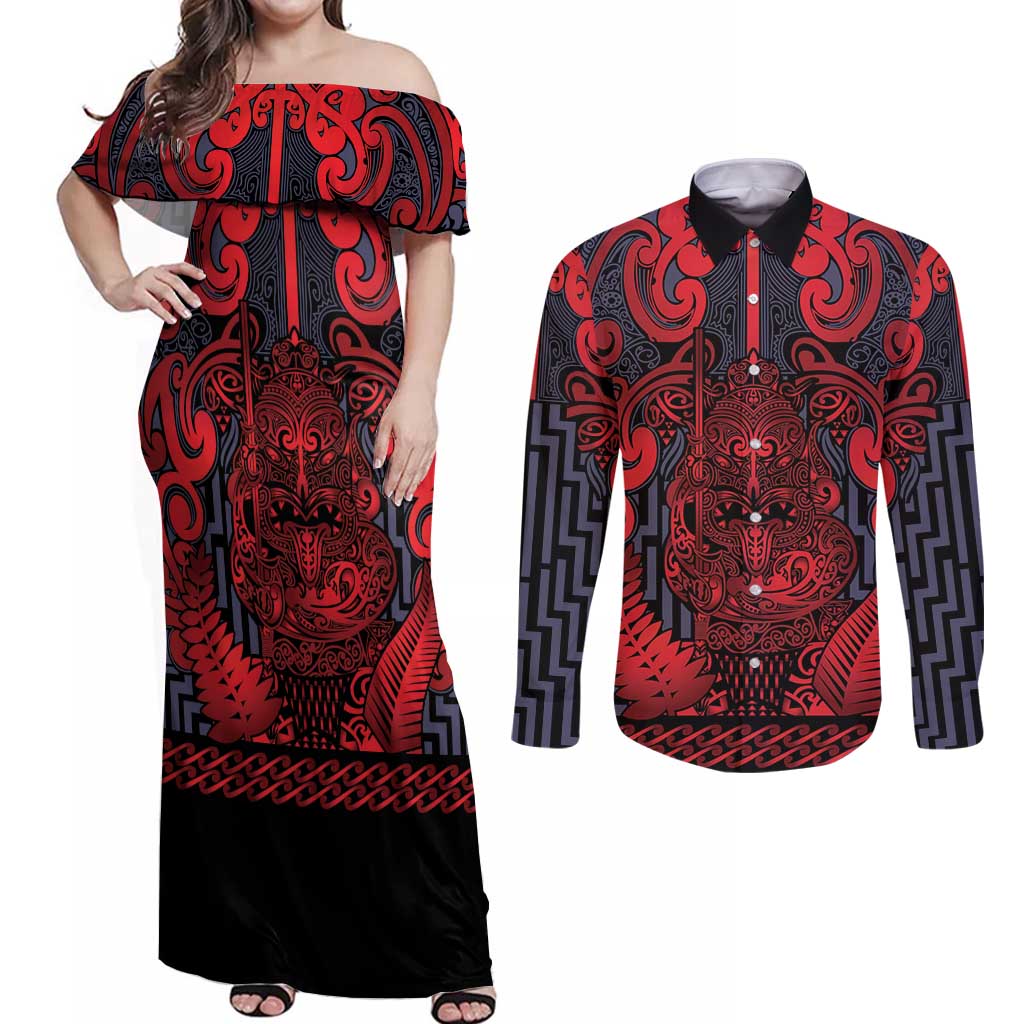 Custom New Zealand Taiaha Maori Couples Matching Off Shoulder Maxi Dress and Long Sleeve Button Shirt Whero Minimalist Silver Fern Tukutuku Motif LT9 Red - Polynesian Pride