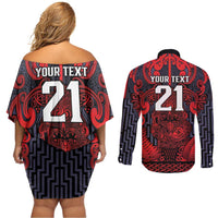 Custom New Zealand Taiaha Maori Couples Matching Off Shoulder Short Dress and Long Sleeve Button Shirt Whero Minimalist Silver Fern Tukutuku Motif LT9 - Polynesian Pride