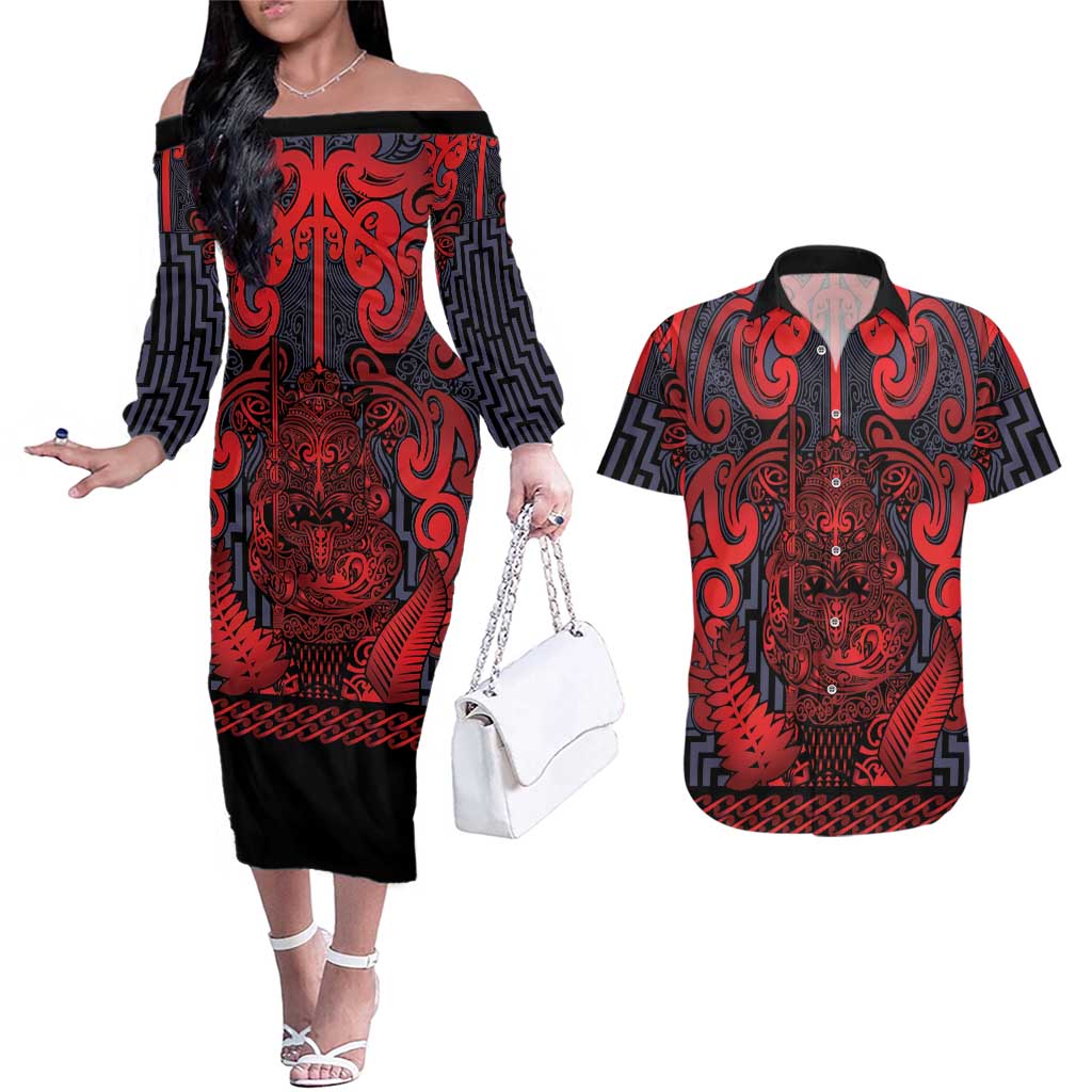 Custom New Zealand Taiaha Maori Couples Matching Off The Shoulder Long Sleeve Dress and Hawaiian Shirt Whero Minimalist Silver Fern Tukutuku Motif LT9 Red - Polynesian Pride