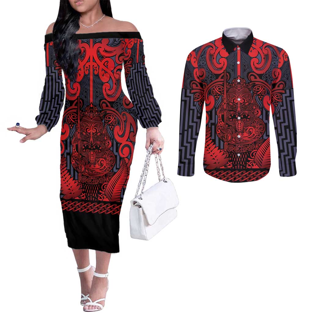 Custom New Zealand Taiaha Maori Couples Matching Off The Shoulder Long Sleeve Dress and Long Sleeve Button Shirt Whero Minimalist Silver Fern Tukutuku Motif LT9 Red - Polynesian Pride