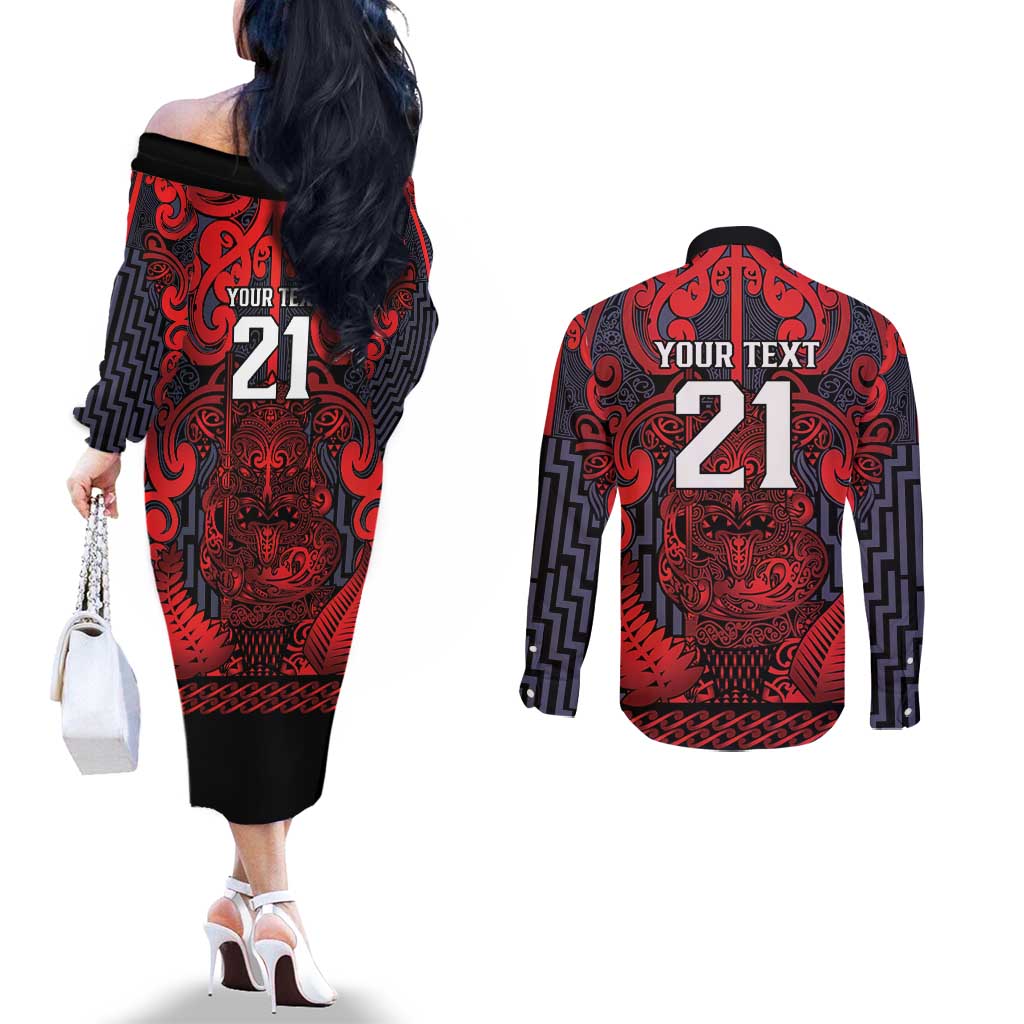 Custom New Zealand Taiaha Maori Couples Matching Off The Shoulder Long Sleeve Dress and Long Sleeve Button Shirt Whero Minimalist Silver Fern Tukutuku Motif LT9 - Polynesian Pride