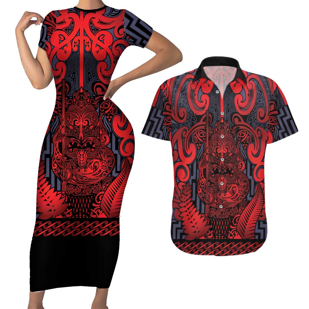 Custom New Zealand Taiaha Maori Couples Matching Short Sleeve Bodycon Dress and Hawaiian Shirt Whero Minimalist Silver Fern Tukutuku Motif LT9 Red - Polynesian Pride