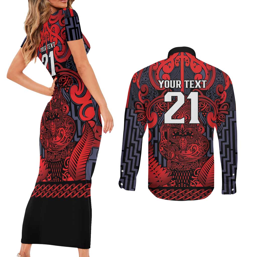 Custom New Zealand Taiaha Maori Couples Matching Short Sleeve Bodycon Dress and Long Sleeve Button Shirt Whero Minimalist Silver Fern Tukutuku Motif LT9 - Polynesian Pride