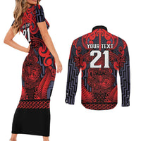 Custom New Zealand Taiaha Maori Couples Matching Short Sleeve Bodycon Dress and Long Sleeve Button Shirt Whero Minimalist Silver Fern Tukutuku Motif LT9 - Polynesian Pride