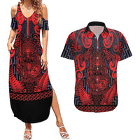 Custom New Zealand Taiaha Maori Couples Matching Summer Maxi Dress and Hawaiian Shirt Whero Minimalist Silver Fern Tukutuku Motif LT9 Red - Polynesian Pride