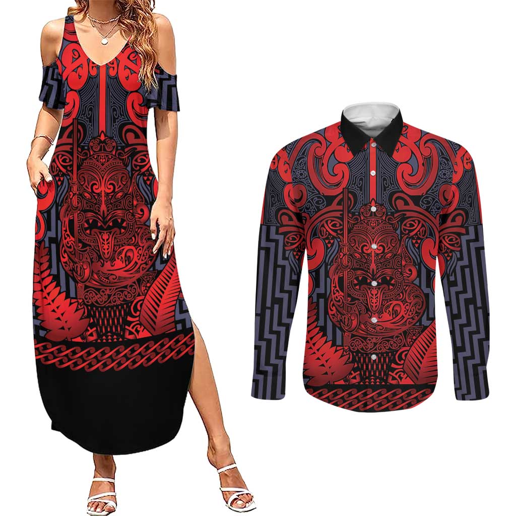 Custom New Zealand Taiaha Maori Couples Matching Summer Maxi Dress and Long Sleeve Button Shirt Whero Minimalist Silver Fern Tukutuku Motif LT9 Red - Polynesian Pride
