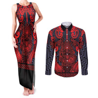 Custom New Zealand Taiaha Maori Couples Matching Tank Maxi Dress and Long Sleeve Button Shirt Whero Minimalist Silver Fern Tukutuku Motif LT9 Red - Polynesian Pride