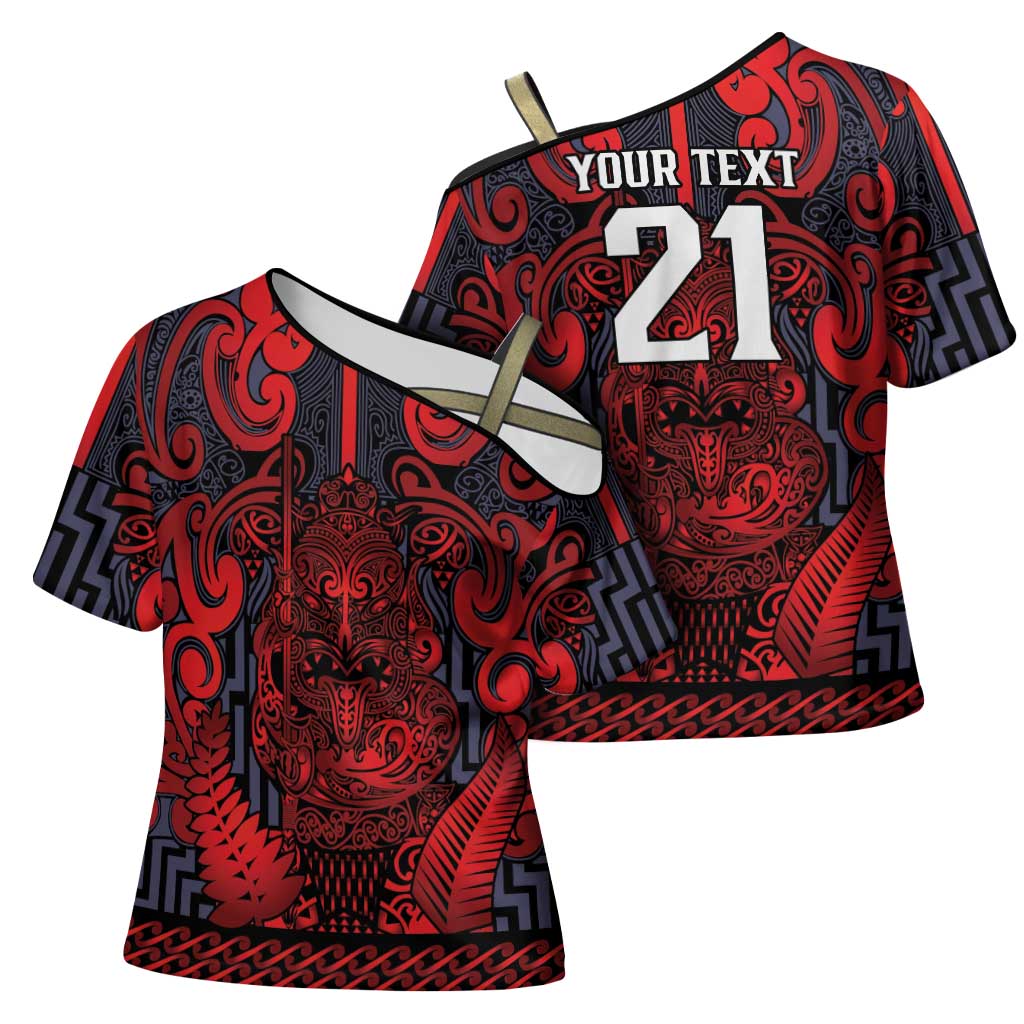 Custom New Zealand Taiaha Maori Cross Shoulder Shirt Whero Minimalist Silver Fern Tukutuku Motif LT9 - Polynesian Pride