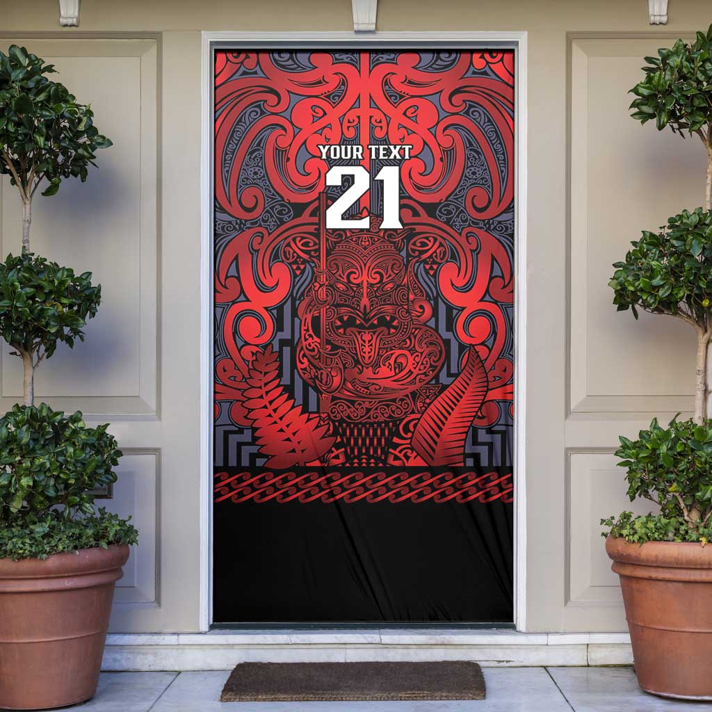 Custom New Zealand Taiaha Maori Door Cover Whero Minimalist Silver Fern Tukutuku Motif LT9 Red - Polynesian Pride
