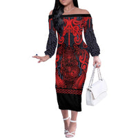 Custom New Zealand Taiaha Maori Family Matching Off The Shoulder Long Sleeve Dress and Hawaiian Shirt Whero Minimalist Silver Fern Tukutuku Motif LT9 Mom's Dress Red - Polynesian Pride