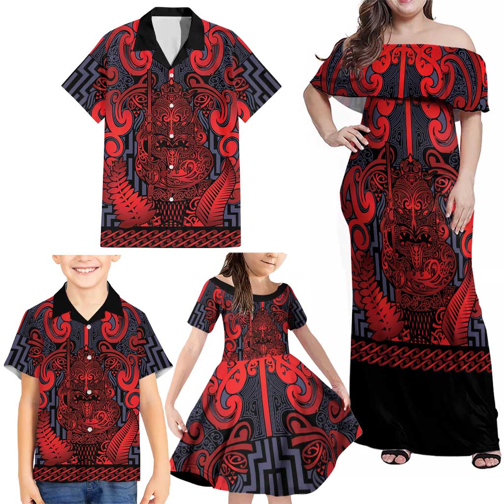 Custom New Zealand Taiaha Maori Family Matching Off Shoulder Maxi Dress and Hawaiian Shirt Whero Minimalist Silver Fern Tukutuku Motif LT9 - Polynesian Pride