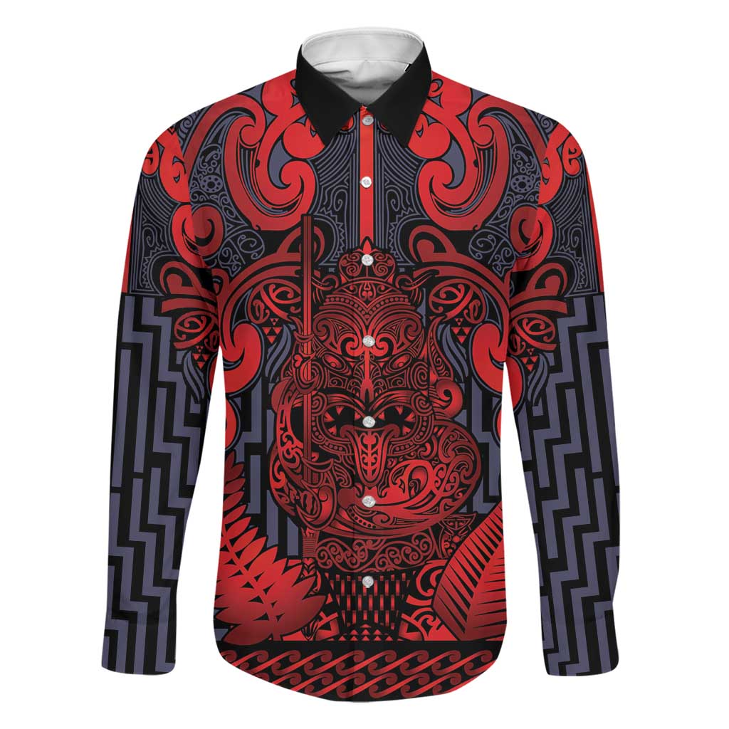 Custom New Zealand Taiaha Maori Family Matching Off Shoulder Maxi Dress and Hawaiian Shirt Whero Minimalist Silver Fern Tukutuku Motif LT9 Dad's Shirt - Long Sleeve Red - Polynesian Pride